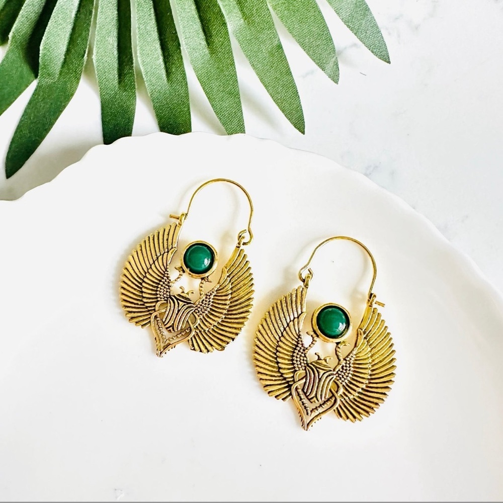 2/$30🌵 Vintage Style Antiqued Gold Winged Scarab Earrings Insect Egyptian NEW